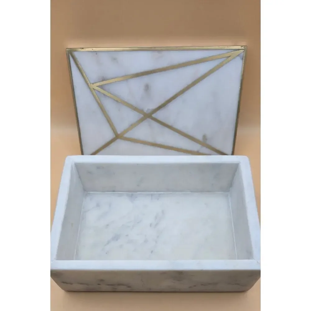West Elm Brass Inlay Alabaster Marble Rectangular Trinket Box